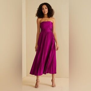 AMUR Strapless Pleated Maxi Dress in Fuchsia
